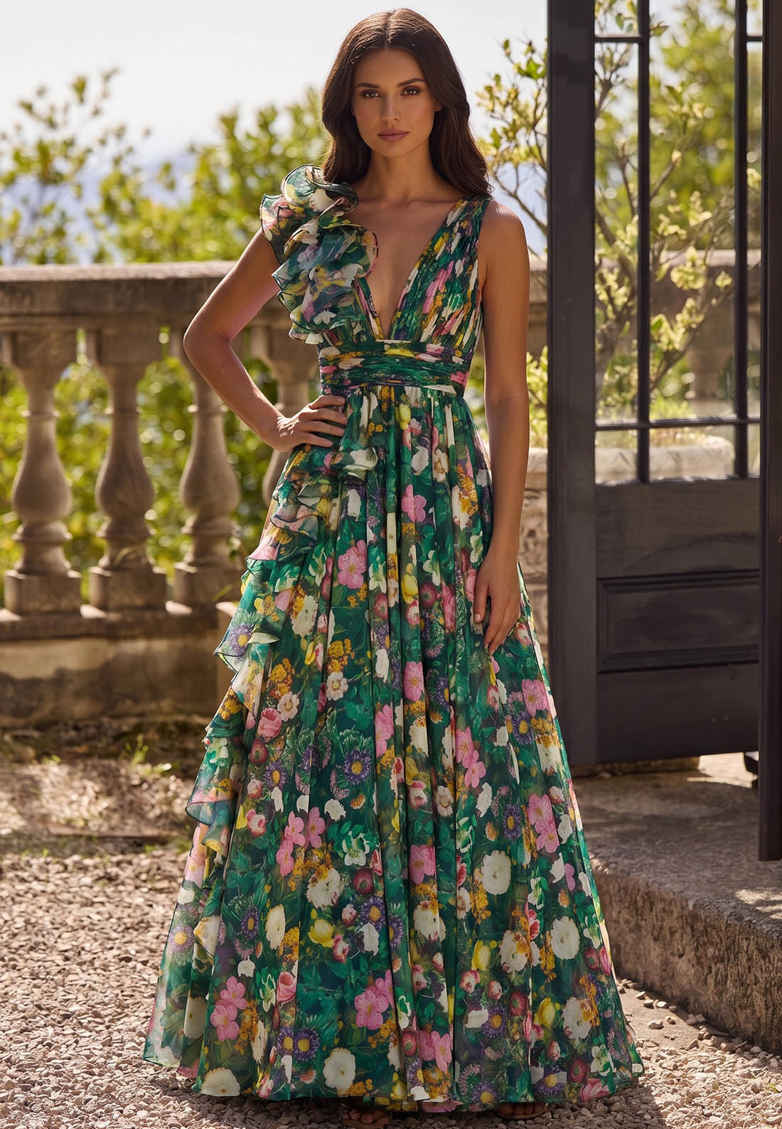 Spaghetti Straps V-Neck Empire-Waist Mother of the Bride Dress