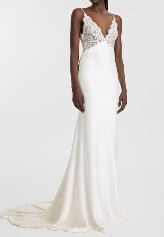 Spaghetti Straps V-Neck Sweep Train Wedding Dress
