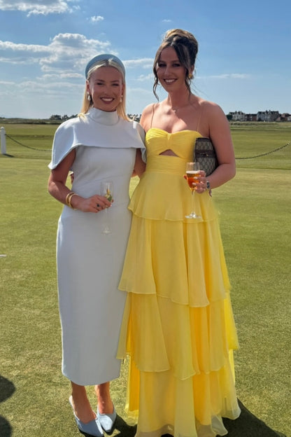 Spaghetti Straps Yellow Pleated Tiered Long Dress