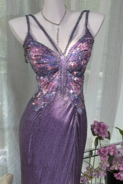 Sparkly A Line Spaghetti Straps Purple Long Prom Dress with Beading