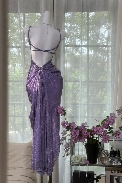 Sparkly A Line Spaghetti Straps Purple Long Prom Dress with Beading