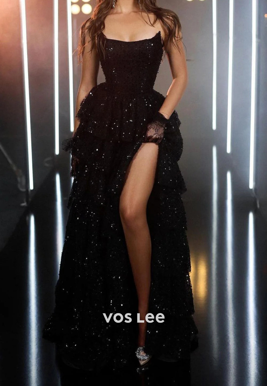 A-Line Strapless Scoop Fully Sequined Tiered Split Prom Dresses with Court Train