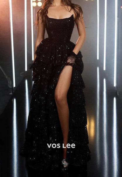 A-Line Strapless Scoop Fully Sequined Tiered Split Prom Dresses with Court Train