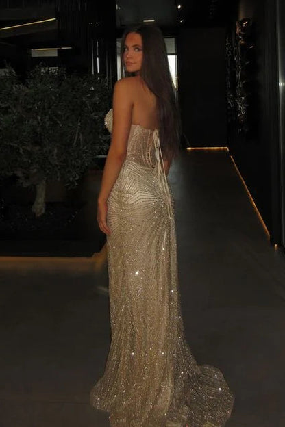 Stunning Mermaid Sweetheart Silver Corset Prom Dress with Beading