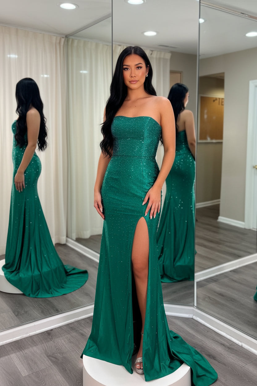 Sparkly Mermaid Strapless Green Long Prom Dress with Beading