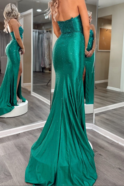 Sparkly Mermaid Strapless Green Long Prom Dress with Beading