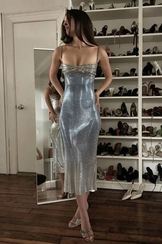 Stylish Sheath Spaghetti Straps Silver Sequins Tea Length Party Dress