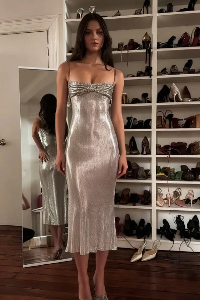 Stylish Sheath Spaghetti Straps Silver Sequins Tea Length Party Dress