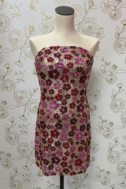 Sparkly Sheath Strapless Fuchsia Flower Sequins Short Homecoming Dress