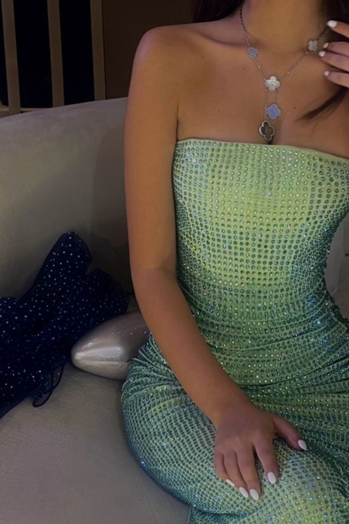 Sparkly Sheath Strapless Green Long Prom Dress with Beading