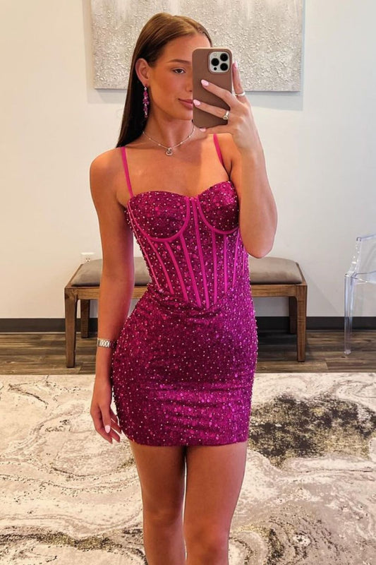 Sparkly Bodycon Spaghetti Straps Short Beaded Homecoming Dress