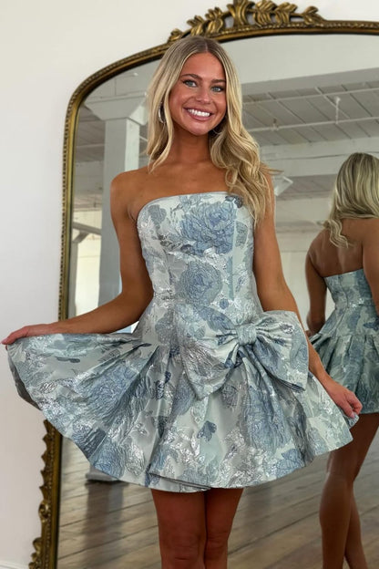 Stylish A Line Strapless Grey Blue Printed Short Homecoming Dress with Bowknot