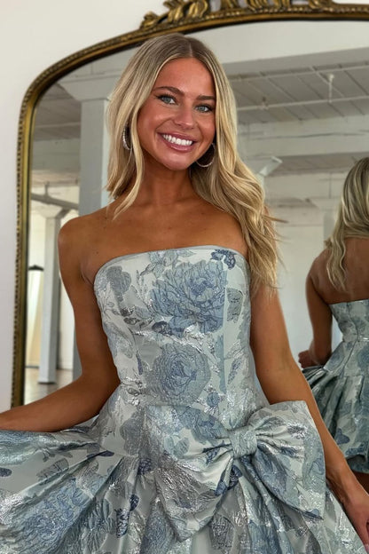 Stylish A Line Strapless Grey Blue Printed Short Homecoming Dress with Bowknot