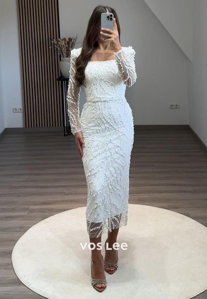 Long Sleevees Allover Lace Pearl Mermaid Midi Formal Dresses
