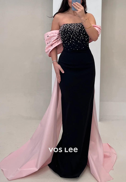 Tube Top Pearl Rhinestone  Mermaid Evening Dress Prom Dresses with Train