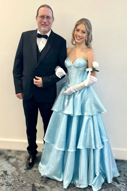 Strapless Aqua Tiered Back Bow Long Dress