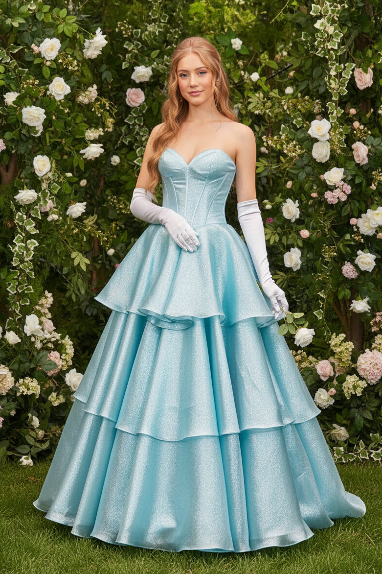 Strapless Aqua Tiered Back Bow Long Dress