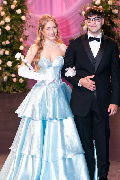 Strapless Aqua Tiered Back Bow Long Dress