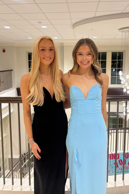 Strapless Blue Fitted Long Prom Dress with Slit