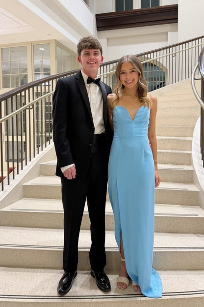 Strapless Blue Fitted Long Prom Dress with Slit