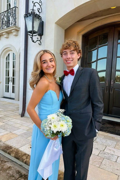 Strapless Blue Fitted Long Prom Dress with Slit