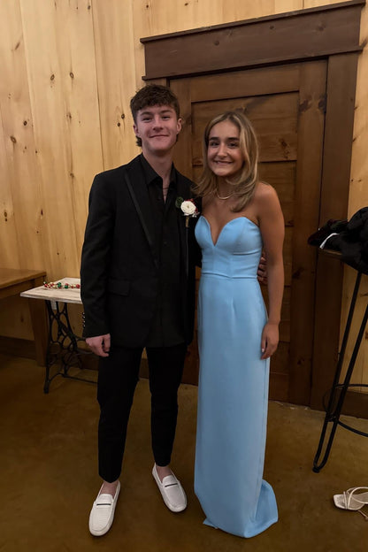 Strapless Blue Fitted Long Prom Dress with Slit