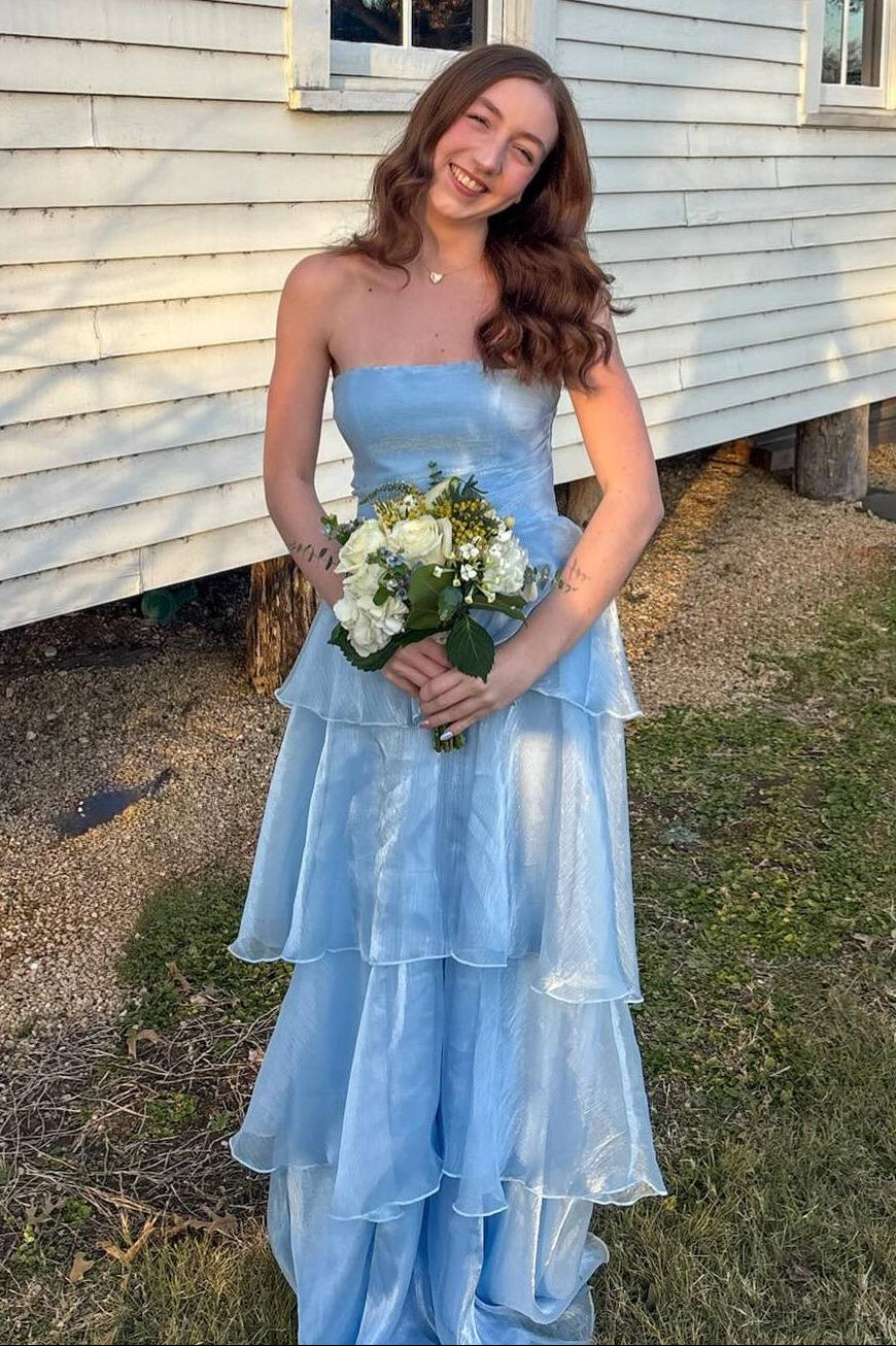 Strapless Blue Ruffle Tiered Tulle Long Dress