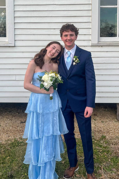 Strapless Blue Ruffle Tiered Tulle Long Dress