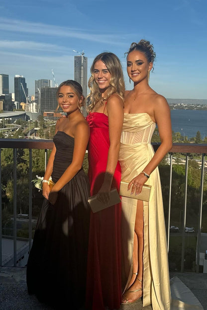 Strapless Champagne Pleated Long Dress with Side Train