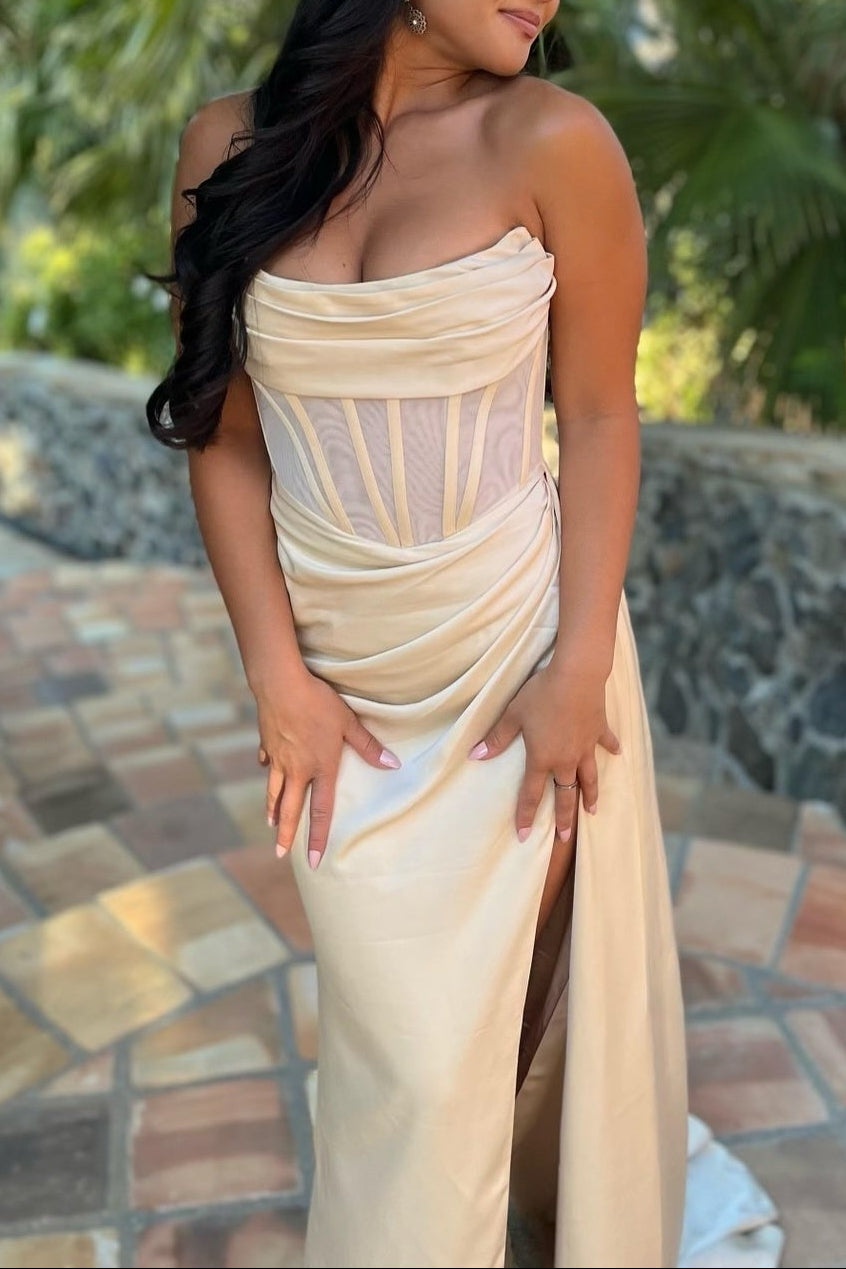 Strapless Champagne Pleated Long Dress with Side Train
