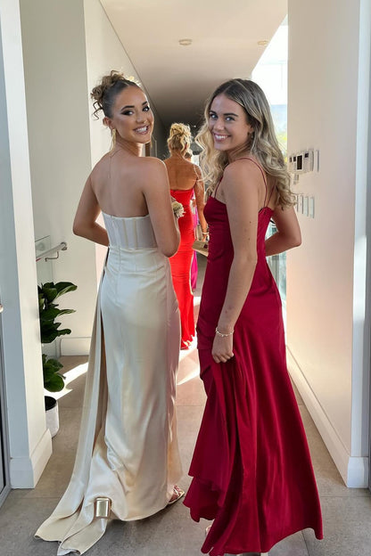 Strapless Champagne Pleated Long Dress with Side Train