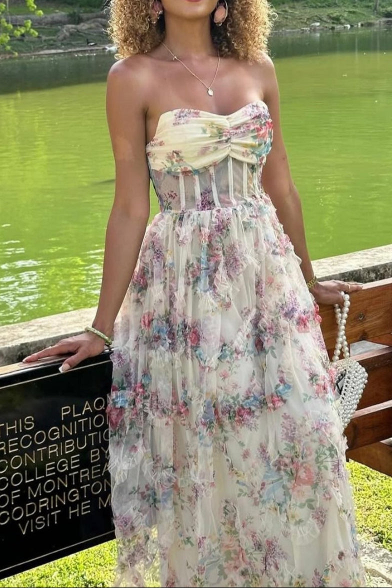 Strapless Floral Print Ruffled A-line Long Dress