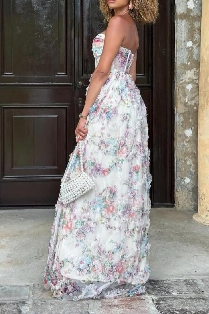 Strapless Floral Print Ruffled A-line Long Dress