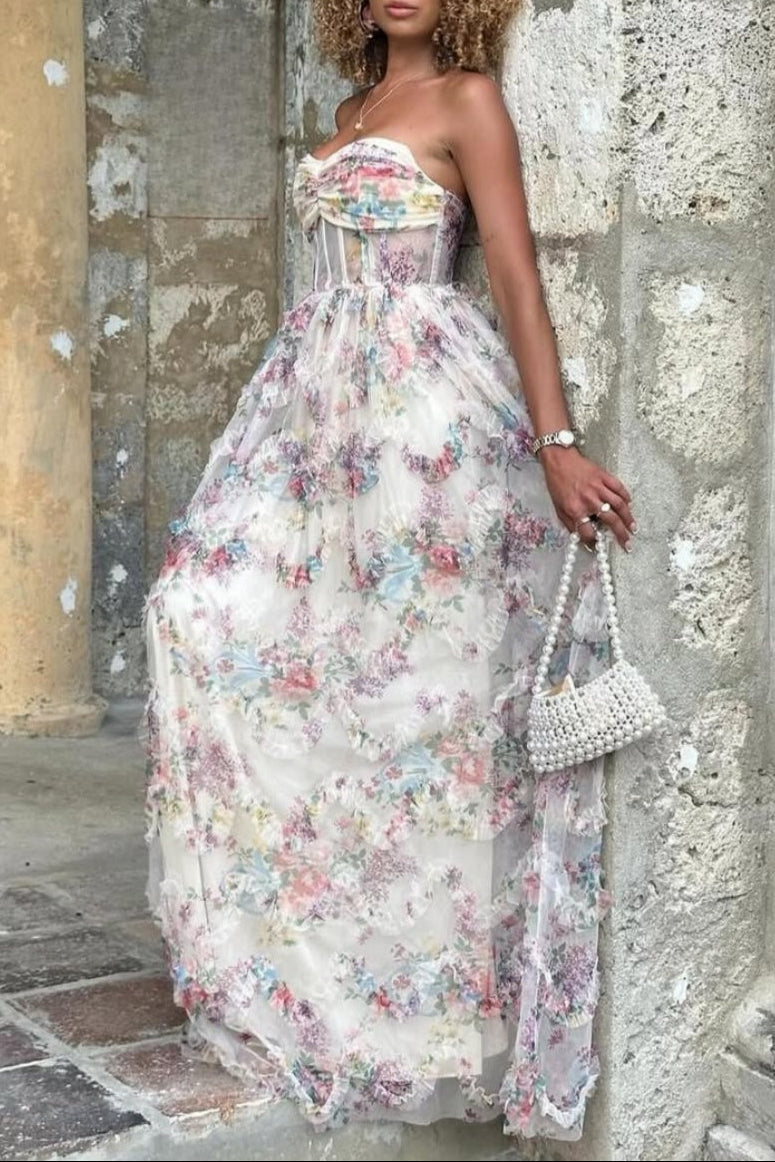 Strapless Floral Print Ruffled A-line Long Dress