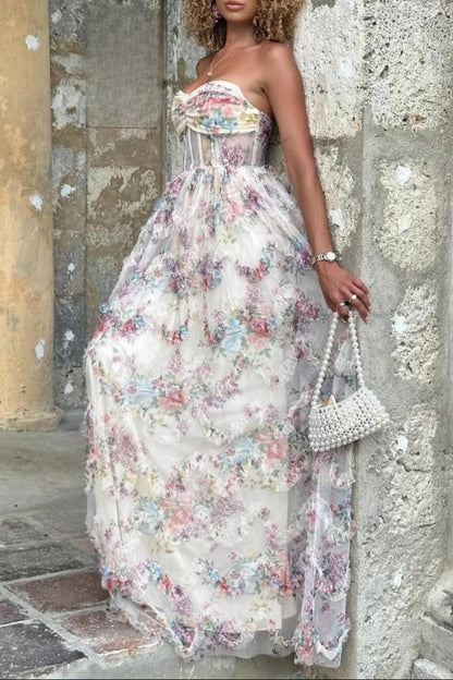 Strapless Floral Print Ruffled A-line Long Dress
