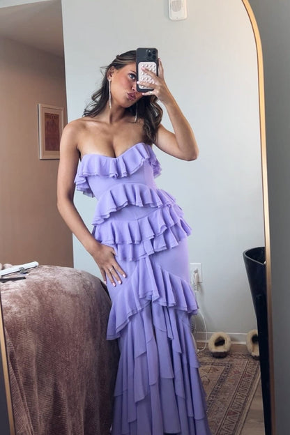 Strapless Lilac Cascading Ruffles Long Dress with Slit
