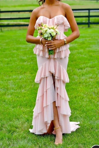 Strapless Lilac Cascading Ruffles Long Dress with Slit