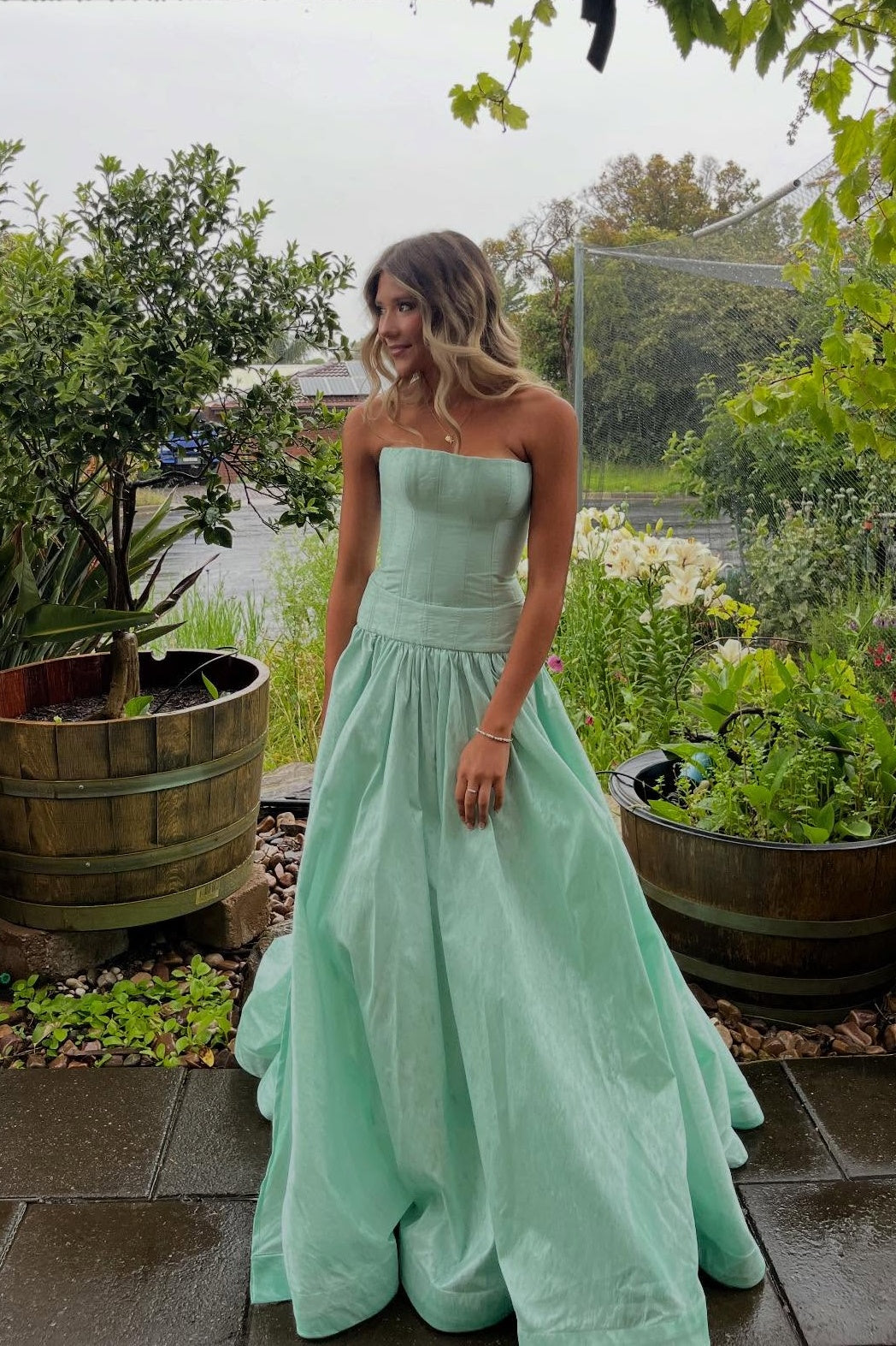 Strapless Mint Green Ruched A-line Long Dress with Slit