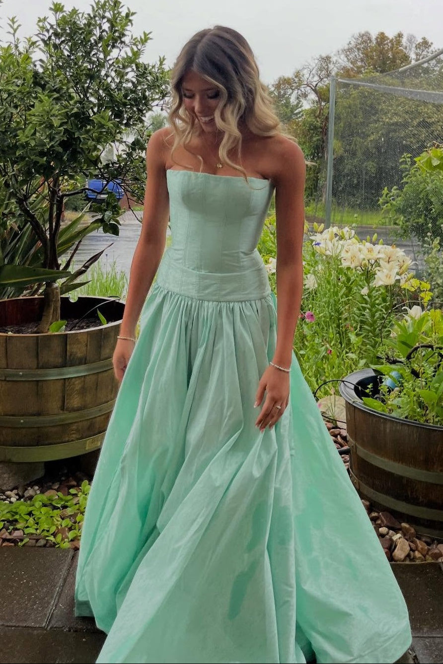 Strapless Mint Green Ruched A-line Long Dress with Slit