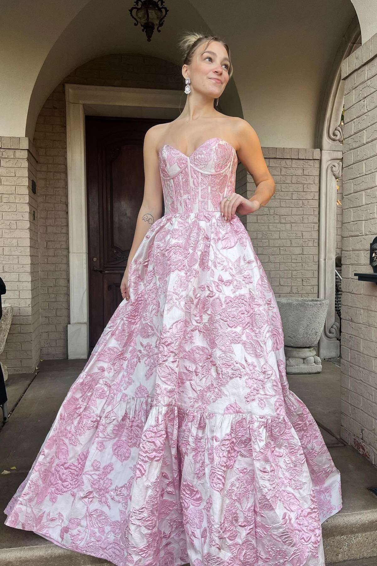 Strapless Pink Floral A-line Long Formal Dress