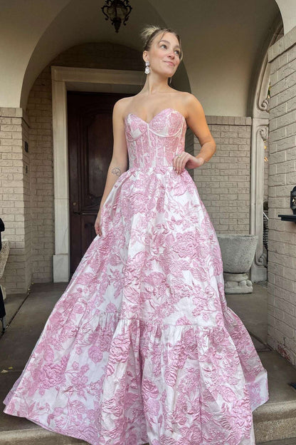 Strapless Pink Floral A-line Long Formal Dress