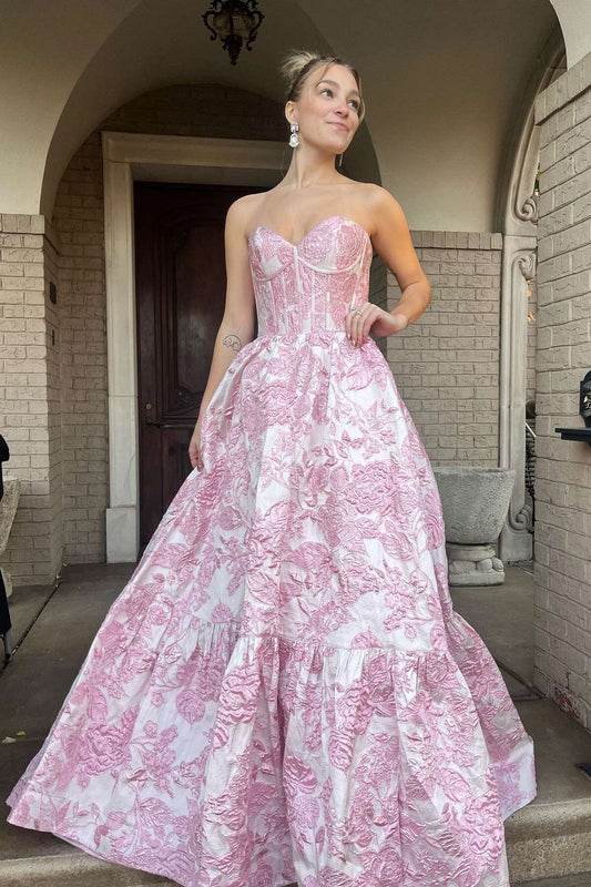 Strapless Pink Floral A-line Long Formal Dress