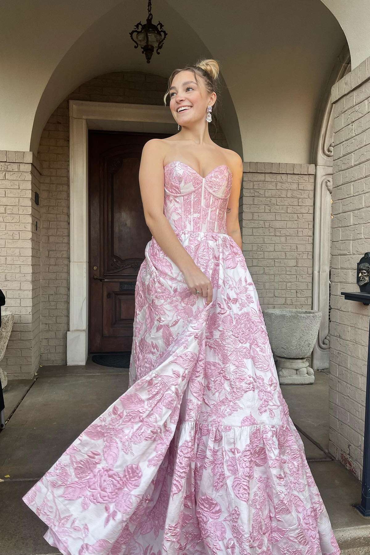 Strapless Pink Floral A-line Long Formal Dress