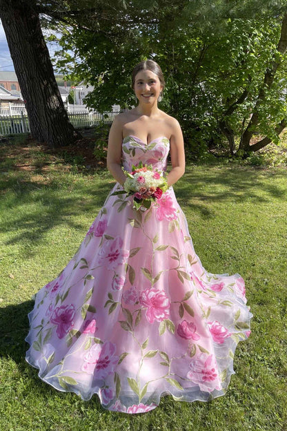Strapless Pink Floral Print A-line Long Dress