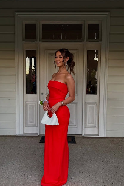 Strapless Red Column Long Dress with Slit