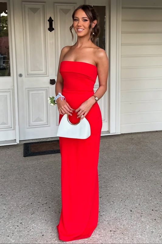 Strapless Red Column Long Dress with Slit