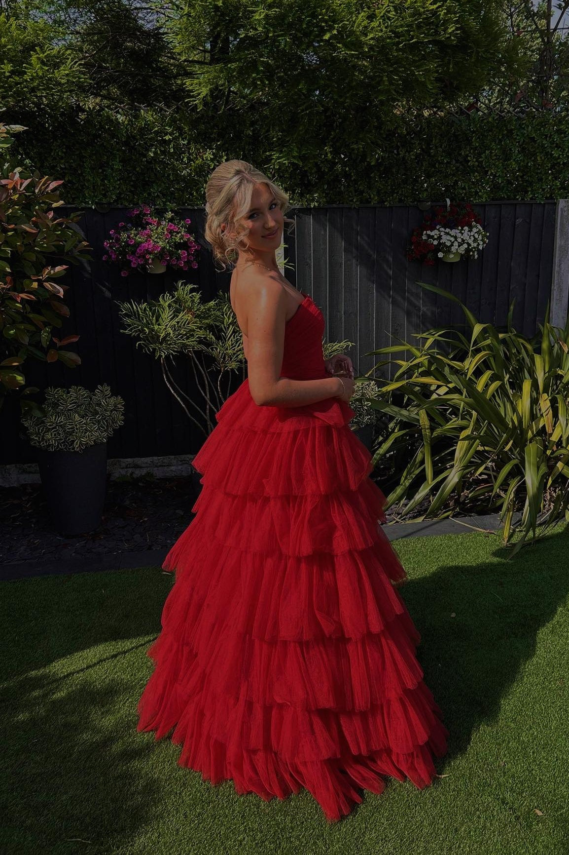 Strapless Red Ruffle Tiered Tulle Long Dress