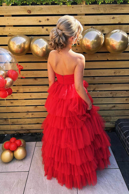 Strapless Red Ruffle Tiered Tulle Long Dress