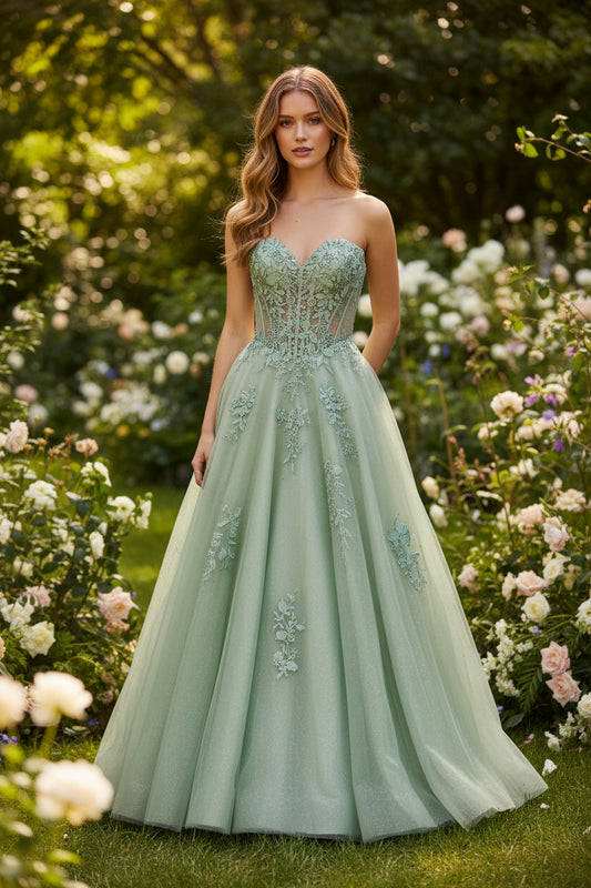 Strapless Sage Green Appliques Glitter Long Dress