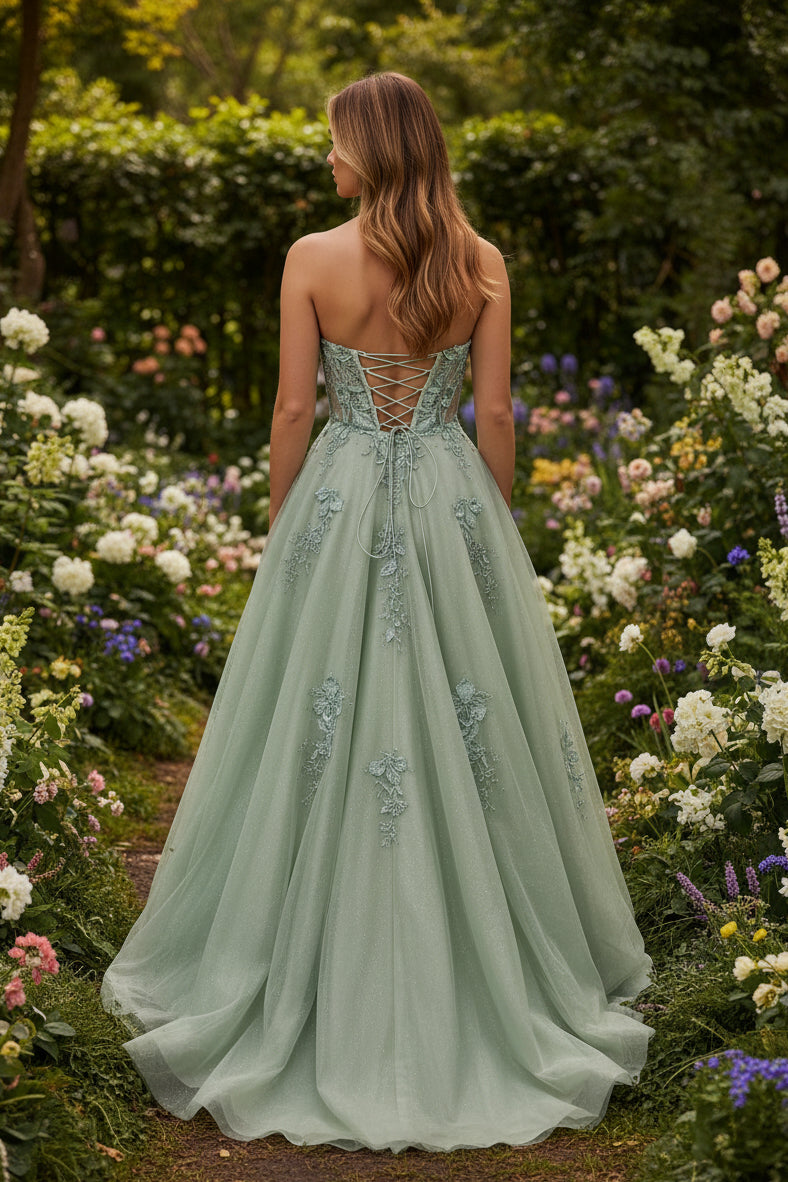 Strapless Sage Green Appliques Glitter Long Dress